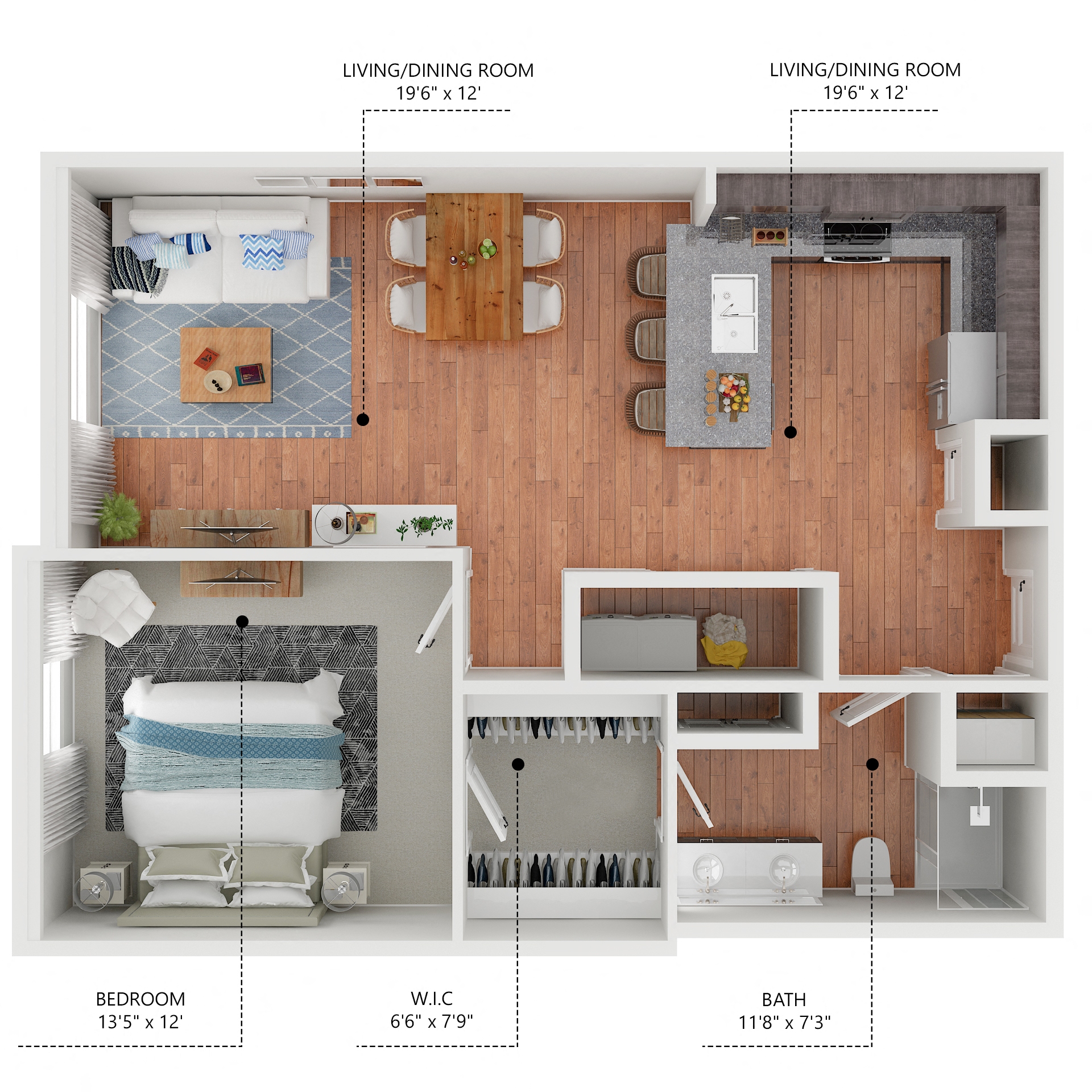 Floor plan for 1 bed, 1 bath, 815 sqft
